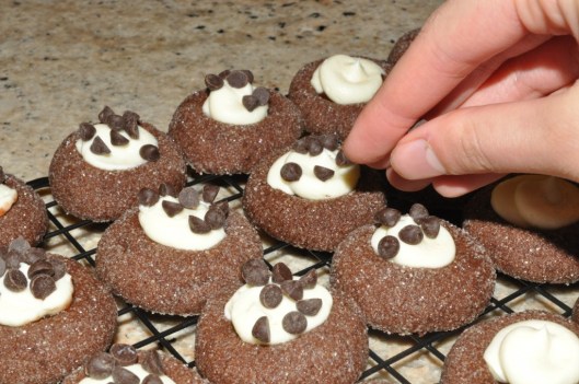 Sprinkling the cookies with chocolate chips