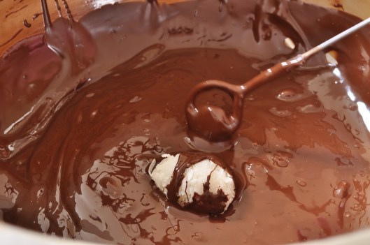 Coat coconut eggs in tempered chocolate