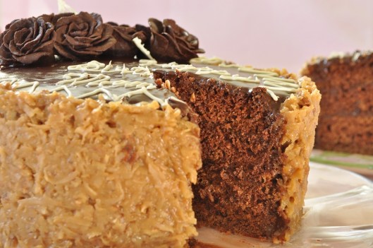 Eggless German Chocolate Cake with Coconut-Pecan and Fudge Frostings