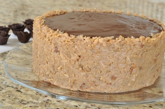 German Chocolate Cake frosted and ready for decoration