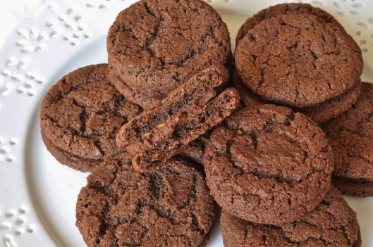 Chocolate-Malt Sandwich Cookie with Rice Crispy Ganache
