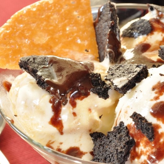 Ice Cream with Hydrox Cookie Crumbs and a Honey Tuile I