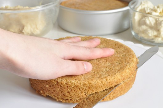 Split each cake into two layers